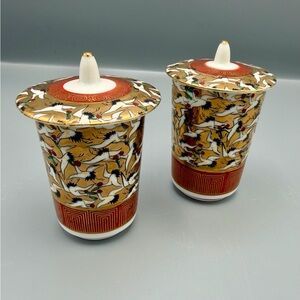 Japanese Kutani Gold Crane Lidded Tea Cups Set of 2 With Box